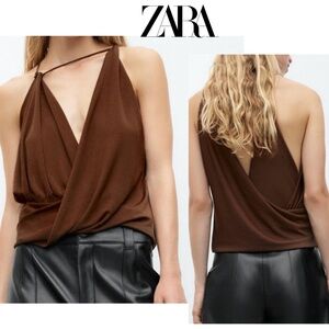 Zara chocolate brown draped wrap halter top sleeveless strappy Sz XS